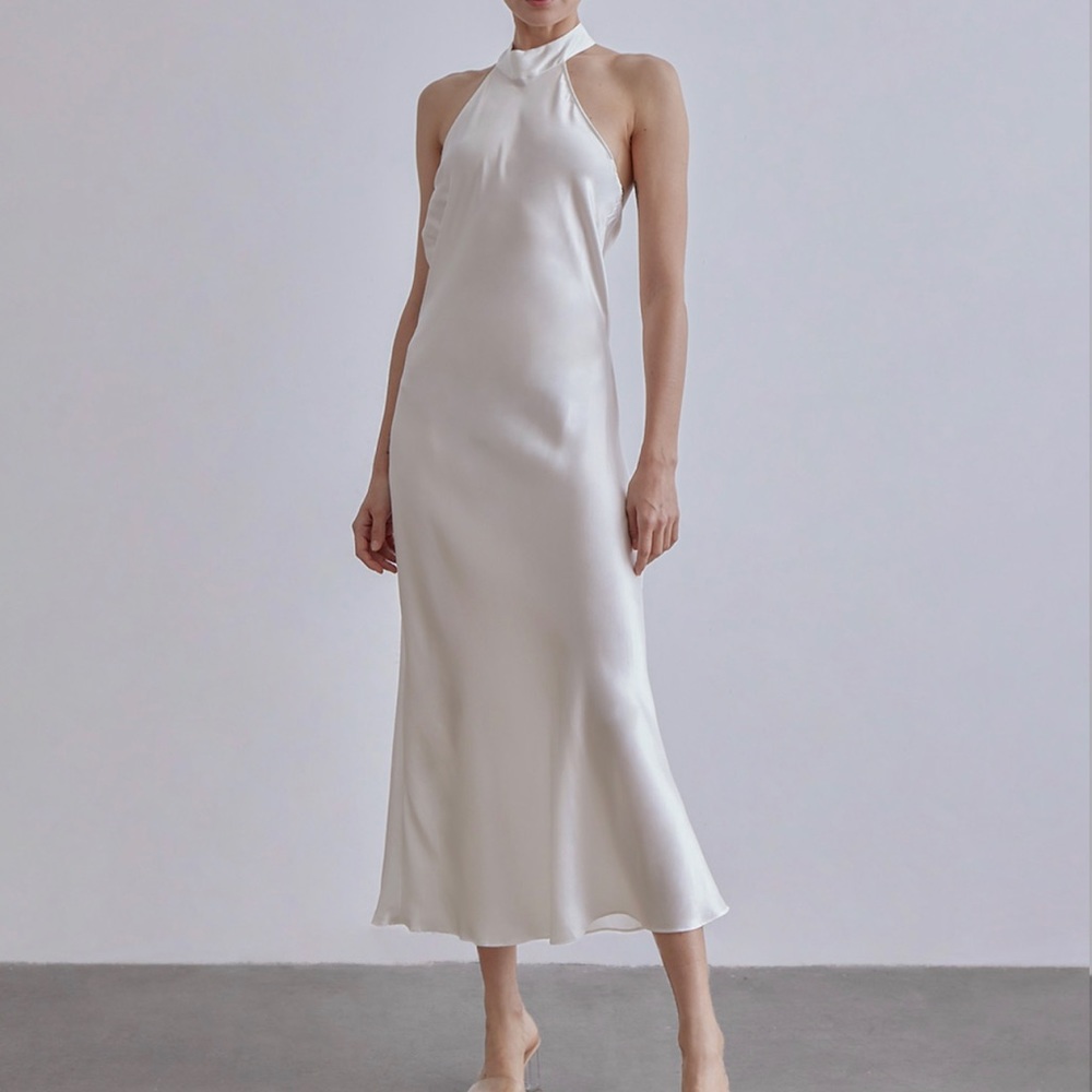 French Bow Halterneck Silk Maxi Dress